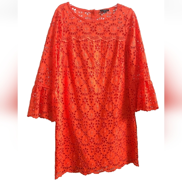 J. Crew Sz 14 Bell-sleeve Dress Embroidered Eyelet Washable Brilliant Sunset - Picture 4 of 7